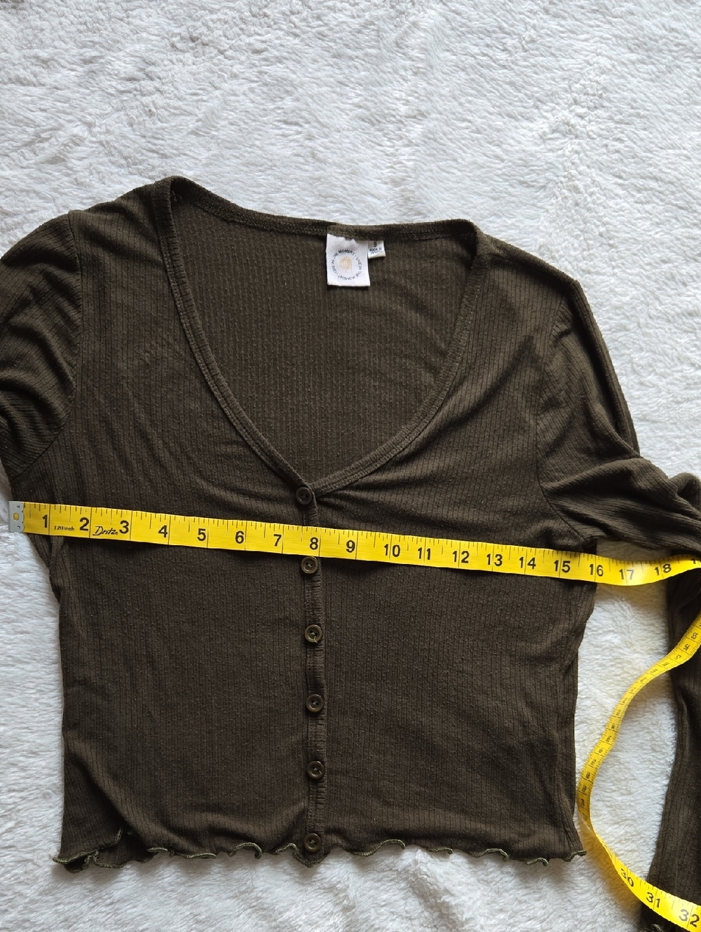 Live in the Moment Ribbed Lettuce Edge Top Small Olive Green Faux Button Front - Picture 6 of 11